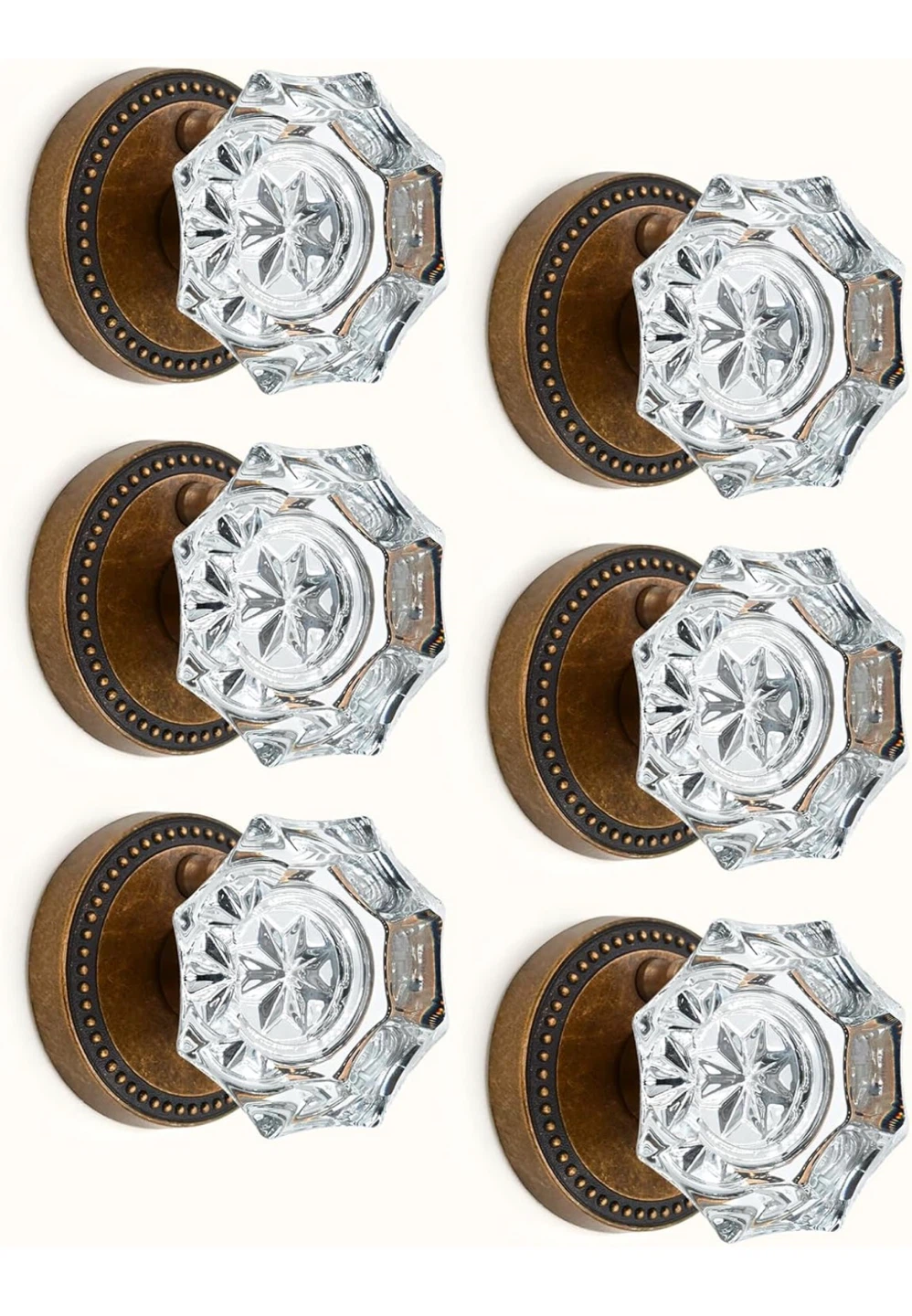 6 Pack Crystal Privacy Door Knobs with Lock - Antique Brass 6PA - photo 2