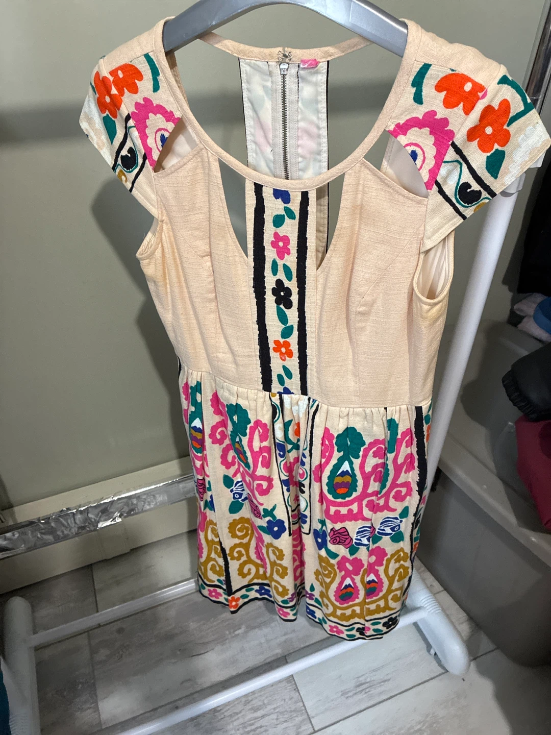 Cream Embroidered Mini Dress
