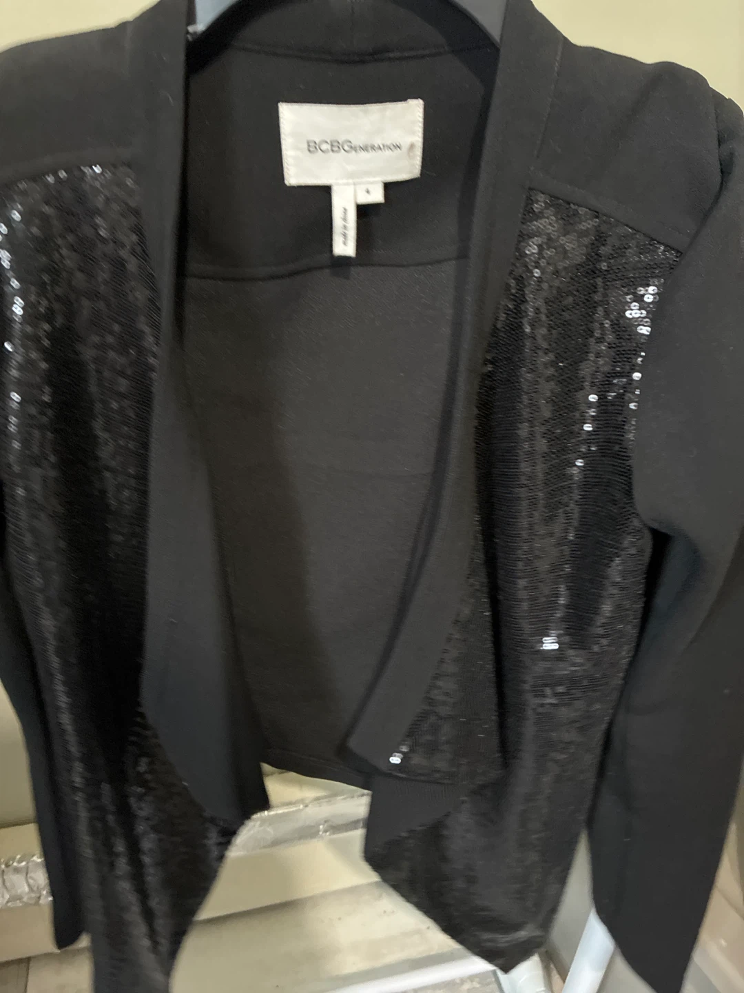 BCBGMAXAZRIA Black Sequin Detail Open Front Jacket
