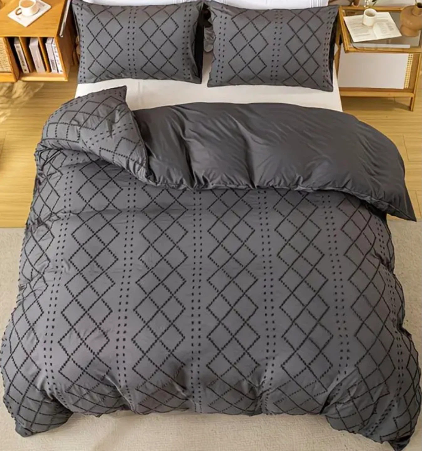 Double size Grey Diamond Pattern Duvet Cover Set