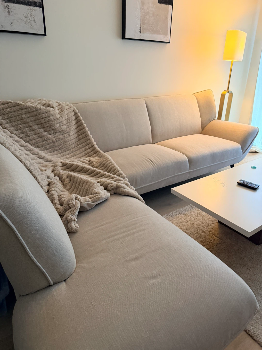 L-Shaped Couch - Beige Fabric Sectional - photo 3