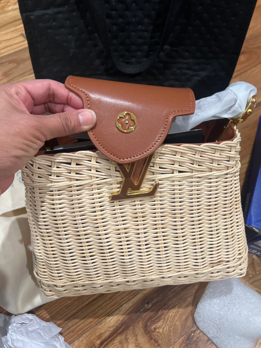 Brown Wicker and Leather Crossbody Bag with Gold Hardware - photo 2