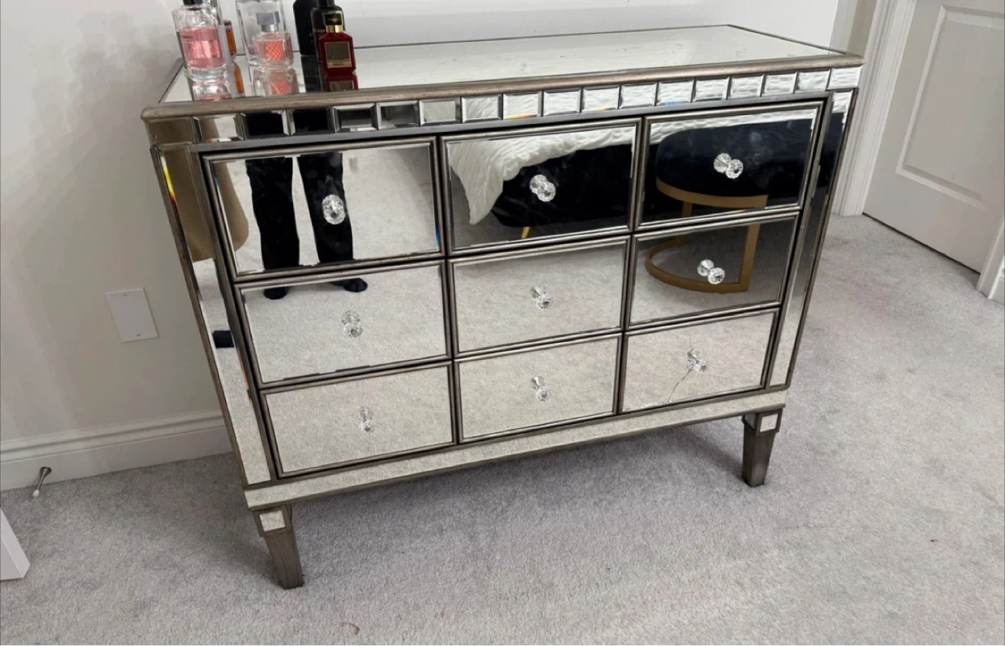 Mirrored Dresser with Crystal Knobs