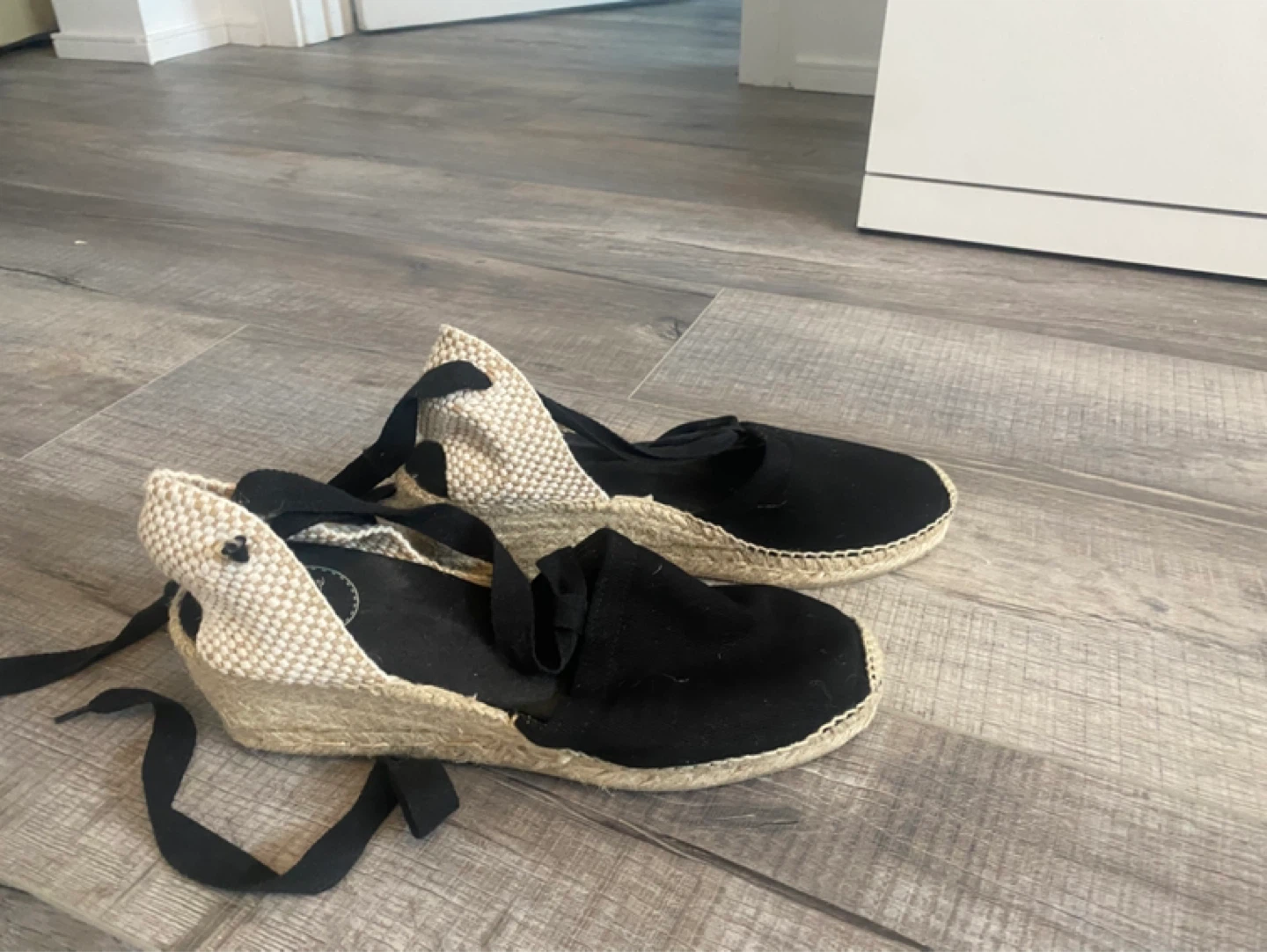 Black Espadrille Wedge Sandals with Tie Ankle Straps - photo 3