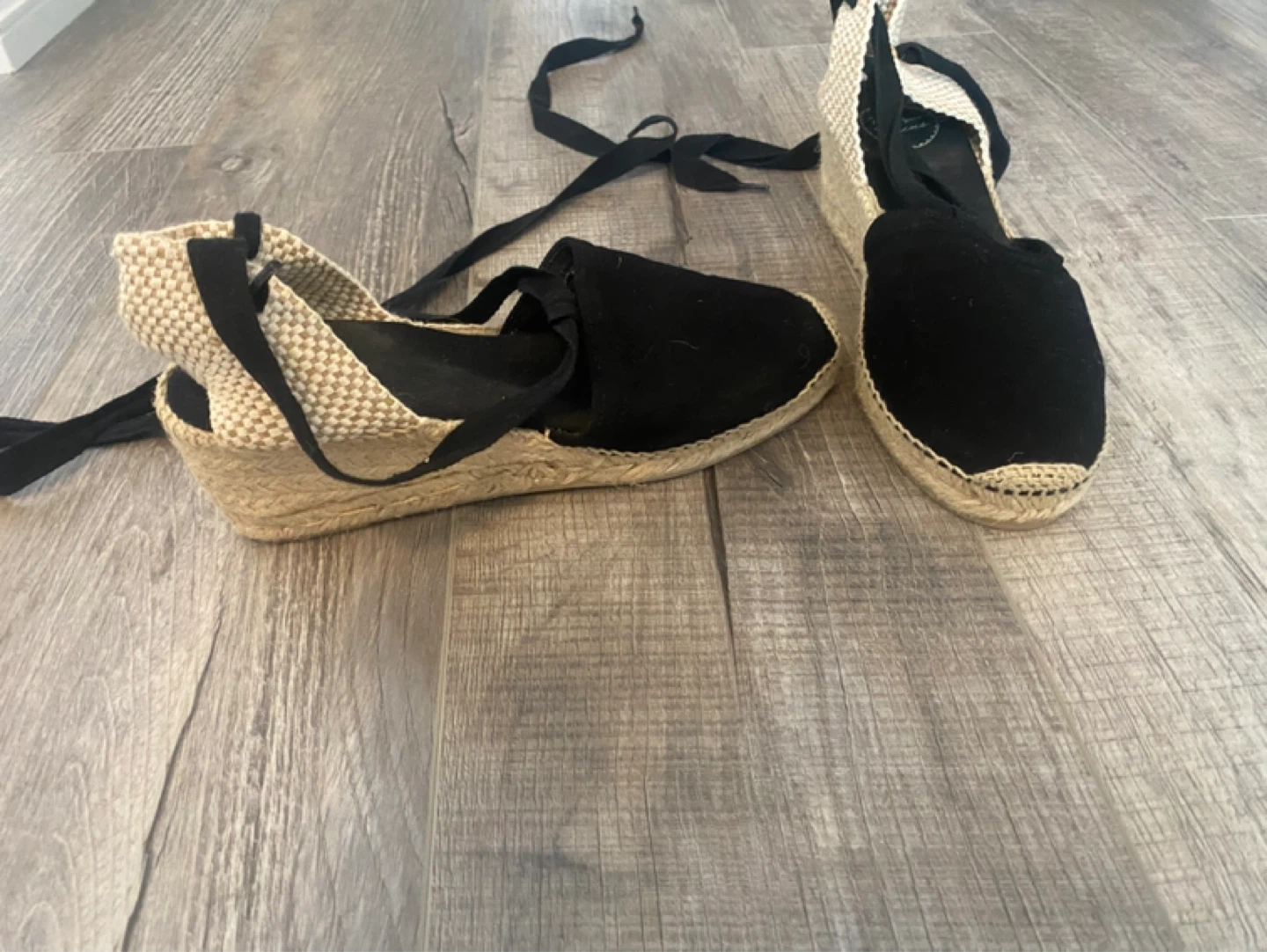 Black Espadrille Wedge Sandals with Tie Ankle Straps - photo 2
