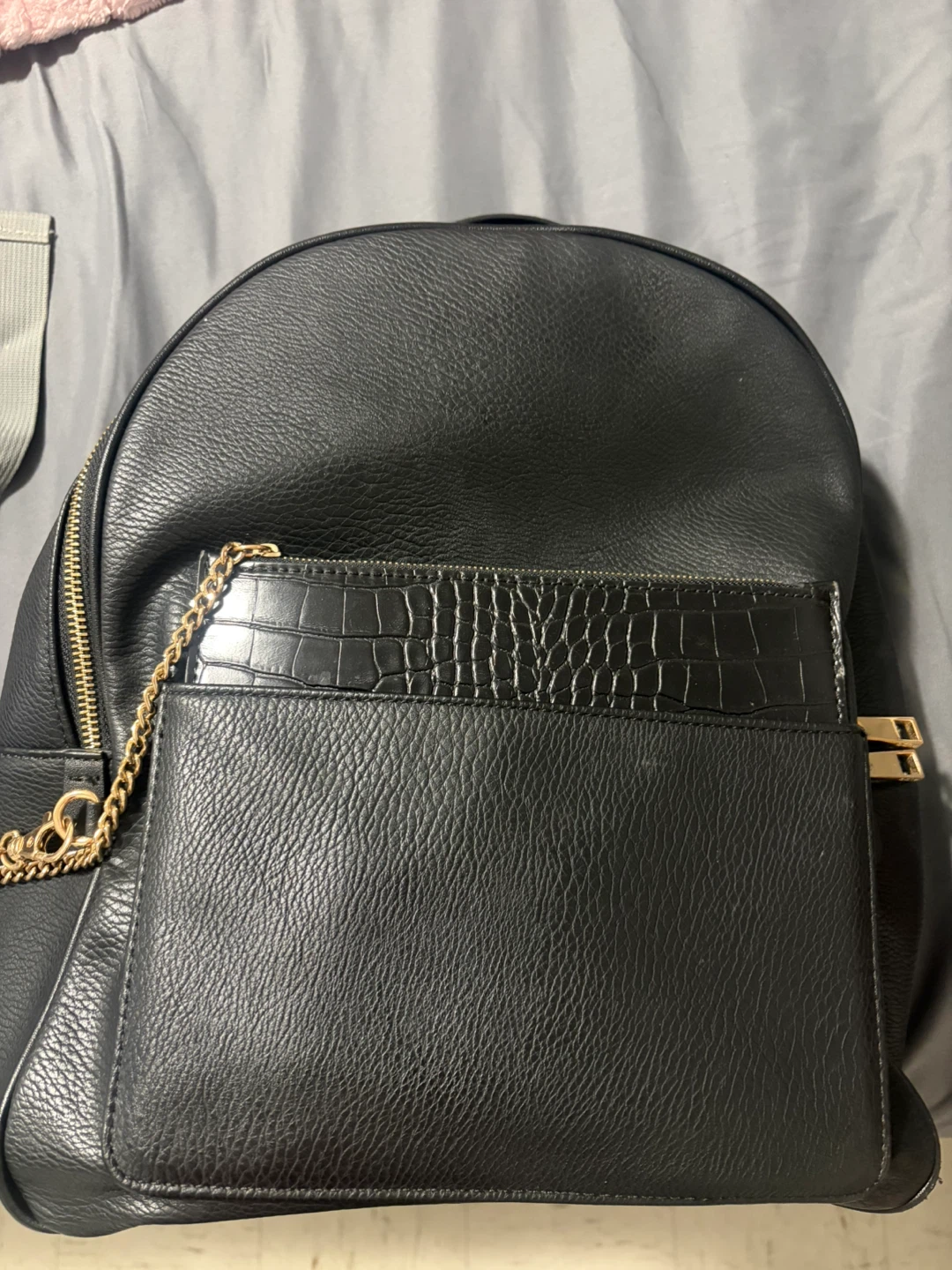 Black Faux Leather Backpack with Gold Chain Detail - photo 3