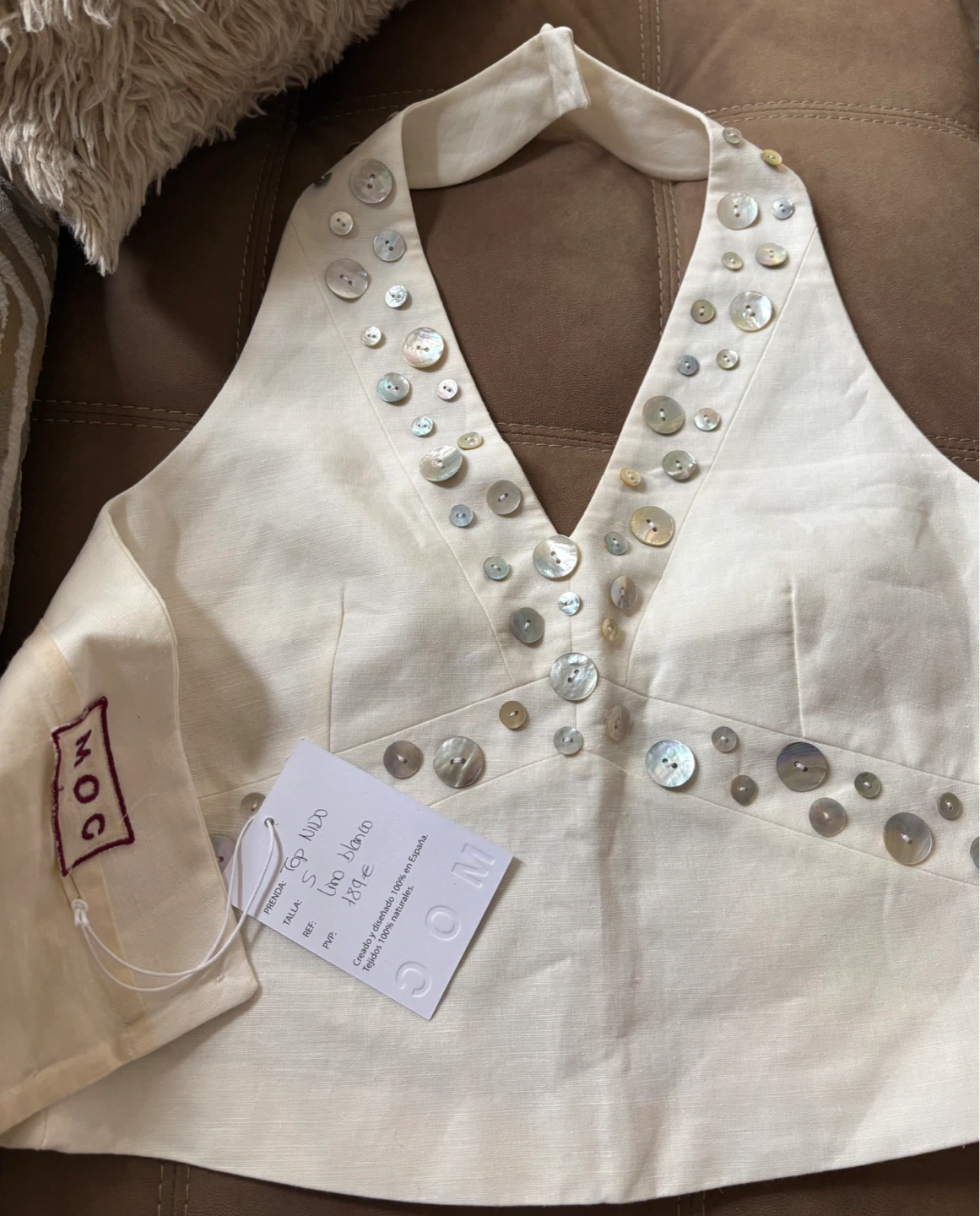 MOC White Linen Blend Halter Top with Pearl Buttons
