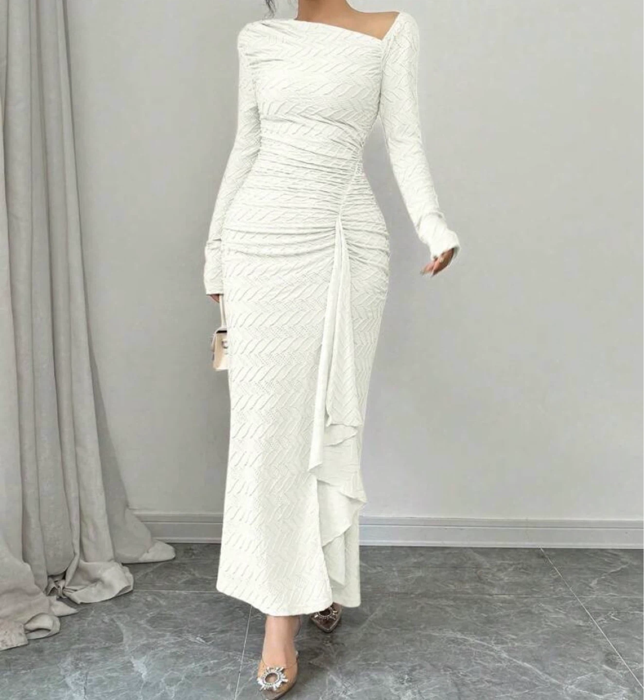 White Knit Ruched Asymmetrical Maxi Dress - photo 4