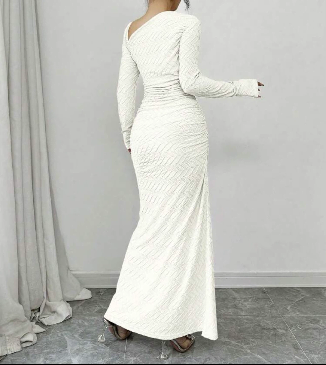 White Knit Ruched Asymmetrical Maxi Dress - photo 5