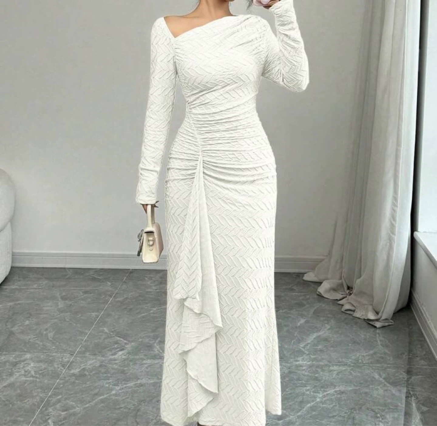 White Knit Ruched Asymmetrical Maxi Dress