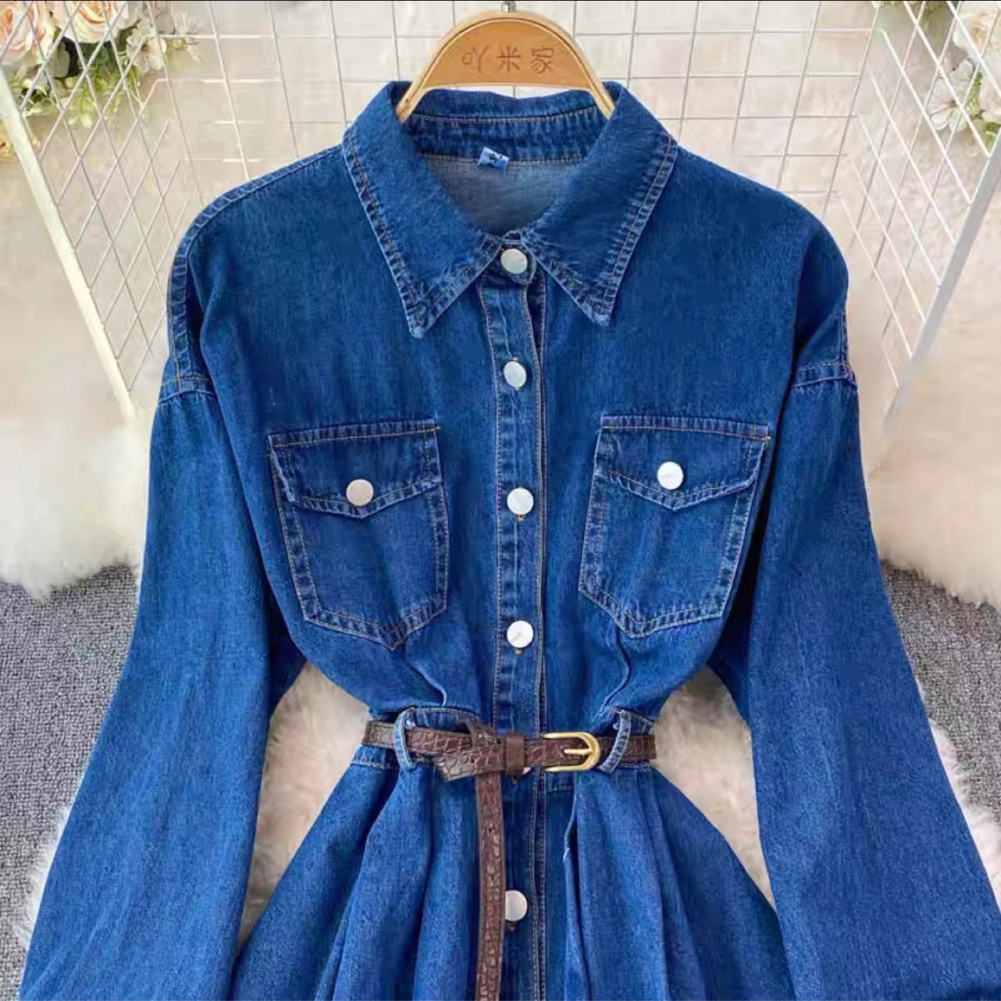 Denim Shirt Dress with Belt - photo 2