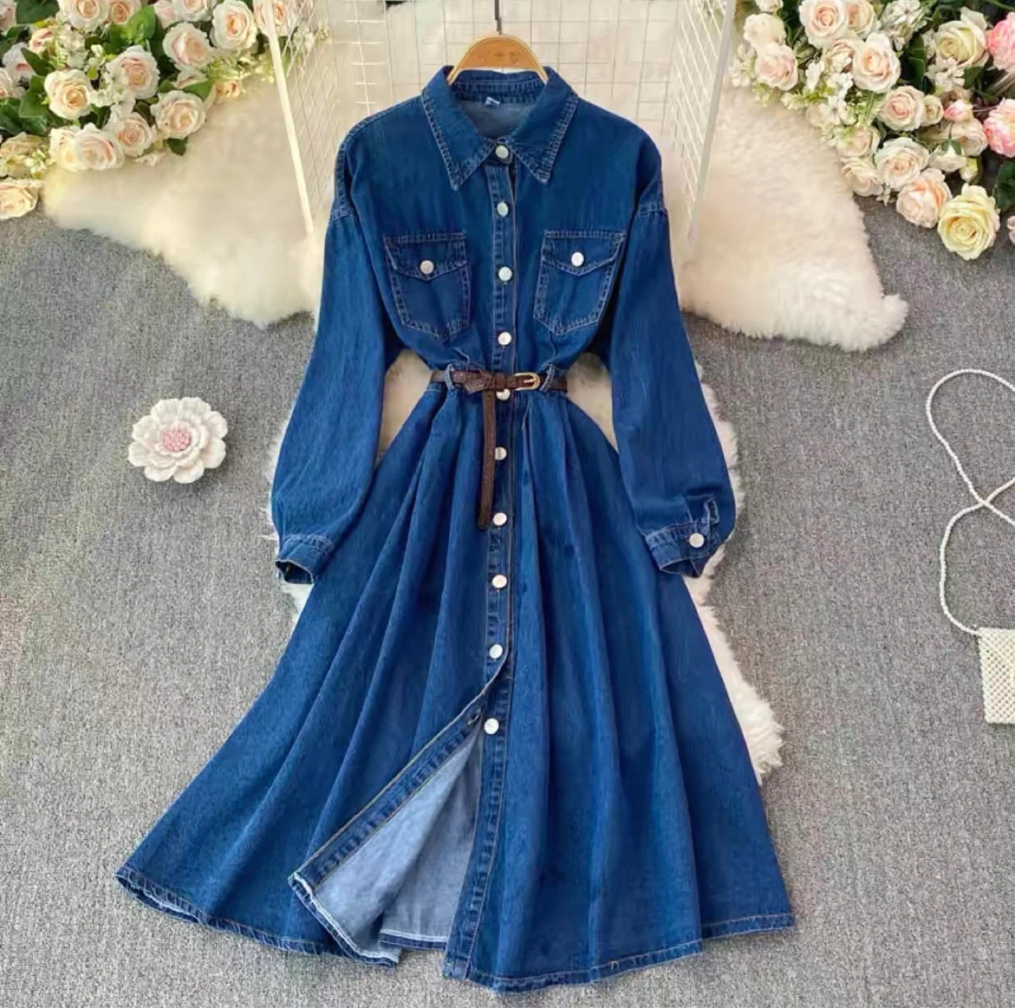 Denim Shirt Dress with Belt