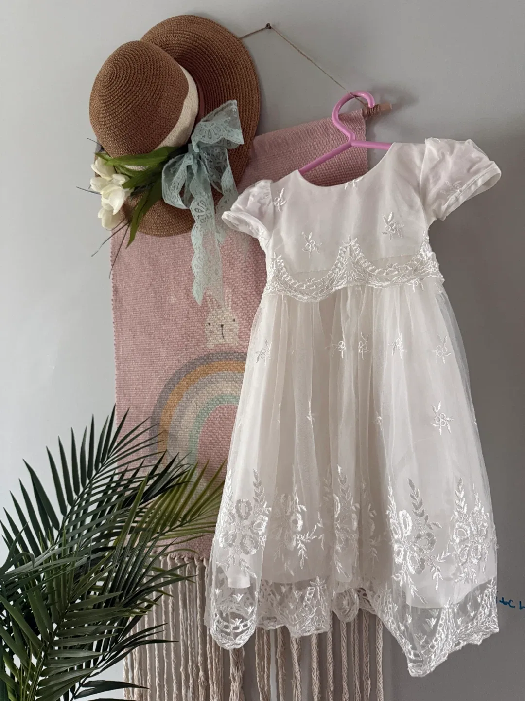White Tulle Dress with Floral Embroidery 0-12months