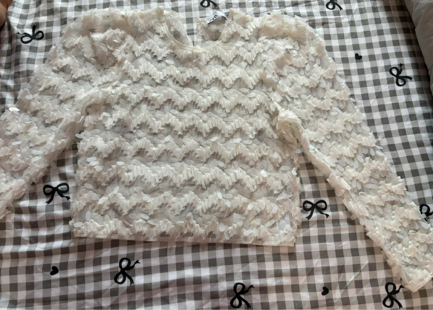 ZARA White Embellished Long Sleeve Top