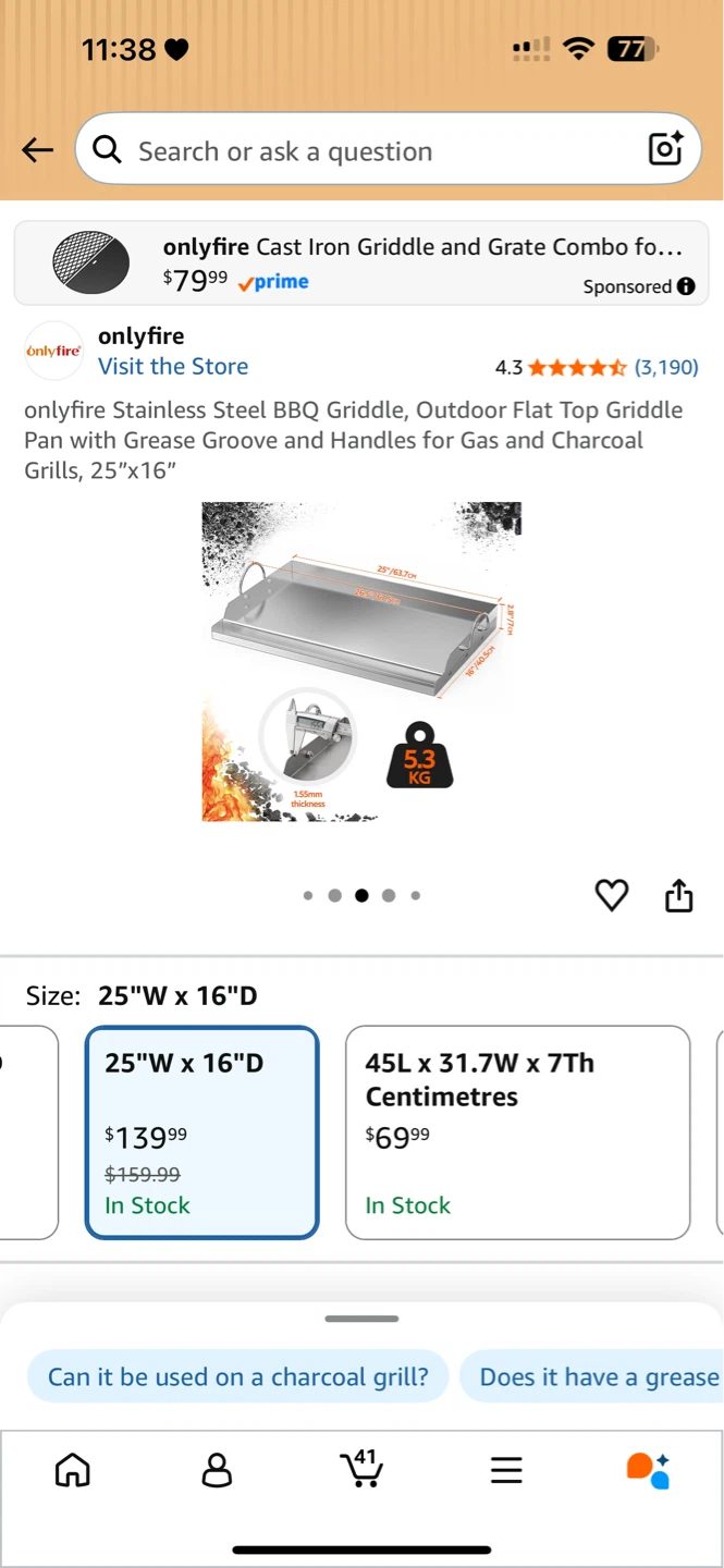 Onlyfire 25"x16" Stainless Steel Griddle - photo 2