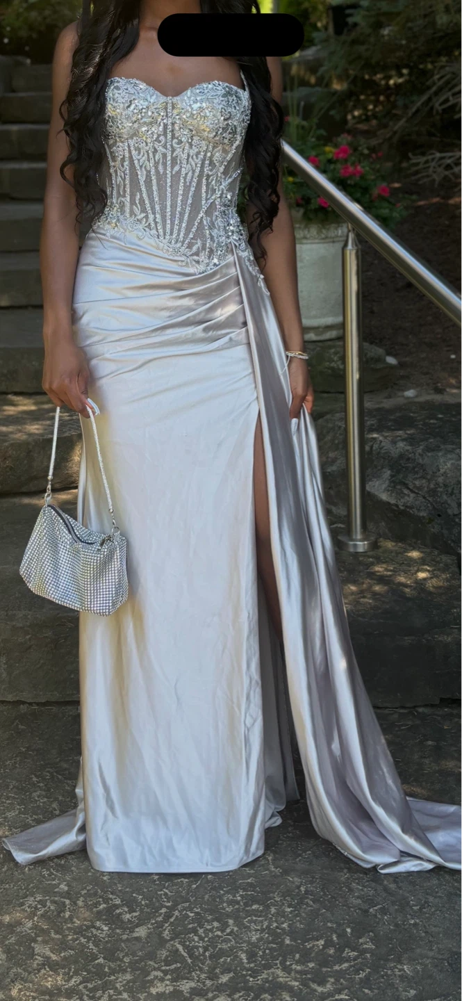 prom dress Silver Corset Gown with High Slit