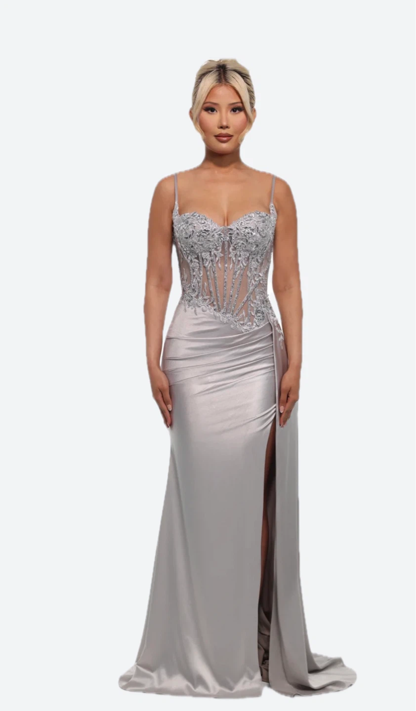 prom dress Silver Corset Gown with High Slit - photo 2