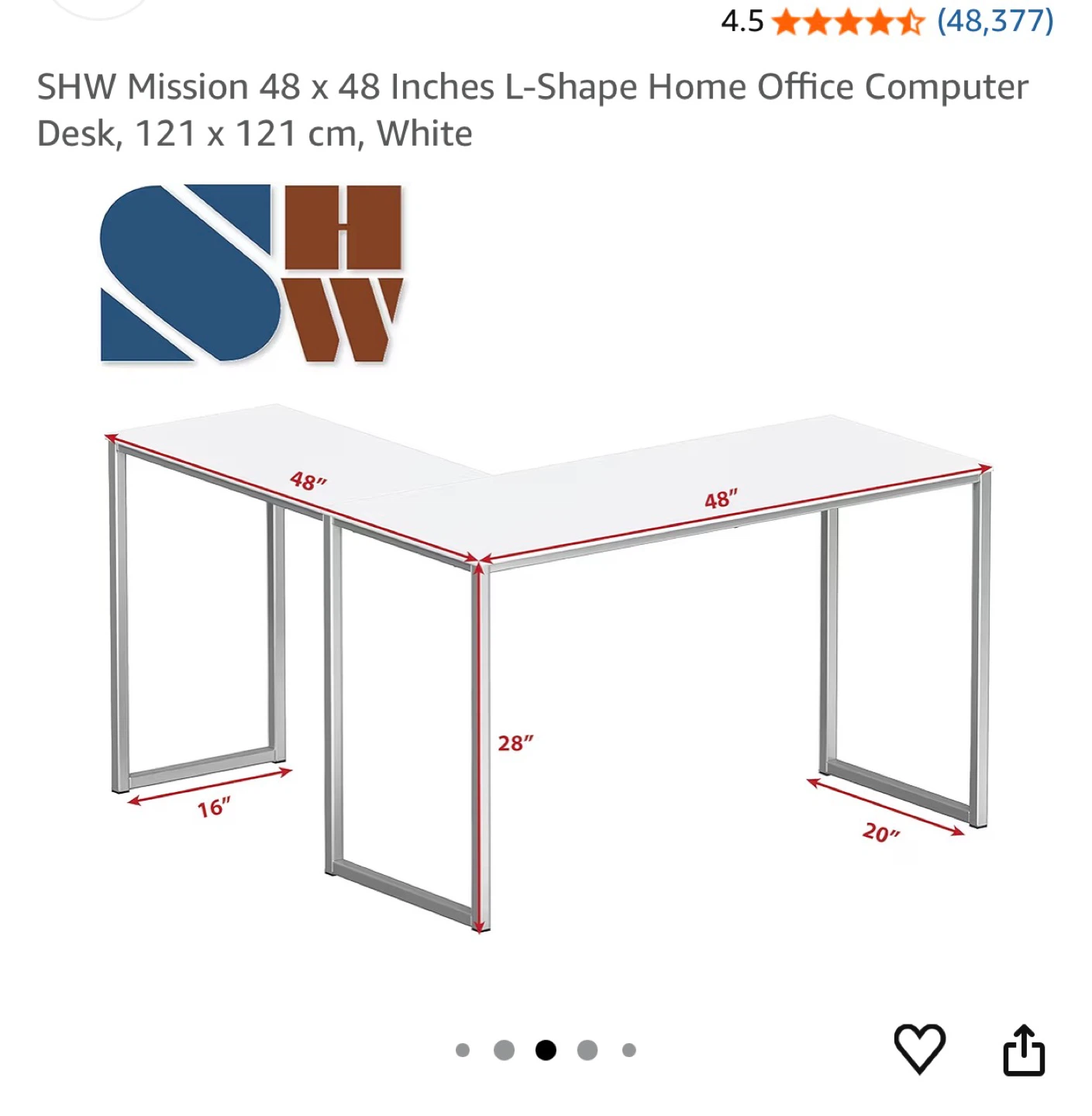 SHW Mission L-Shape Home Office Computer Desk - White