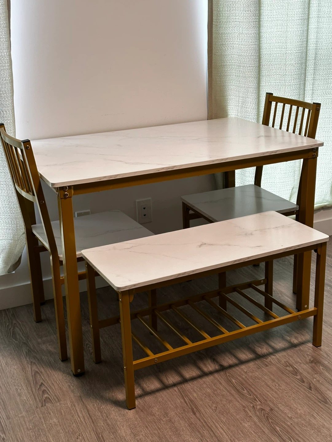 Marble top dining set with bench
