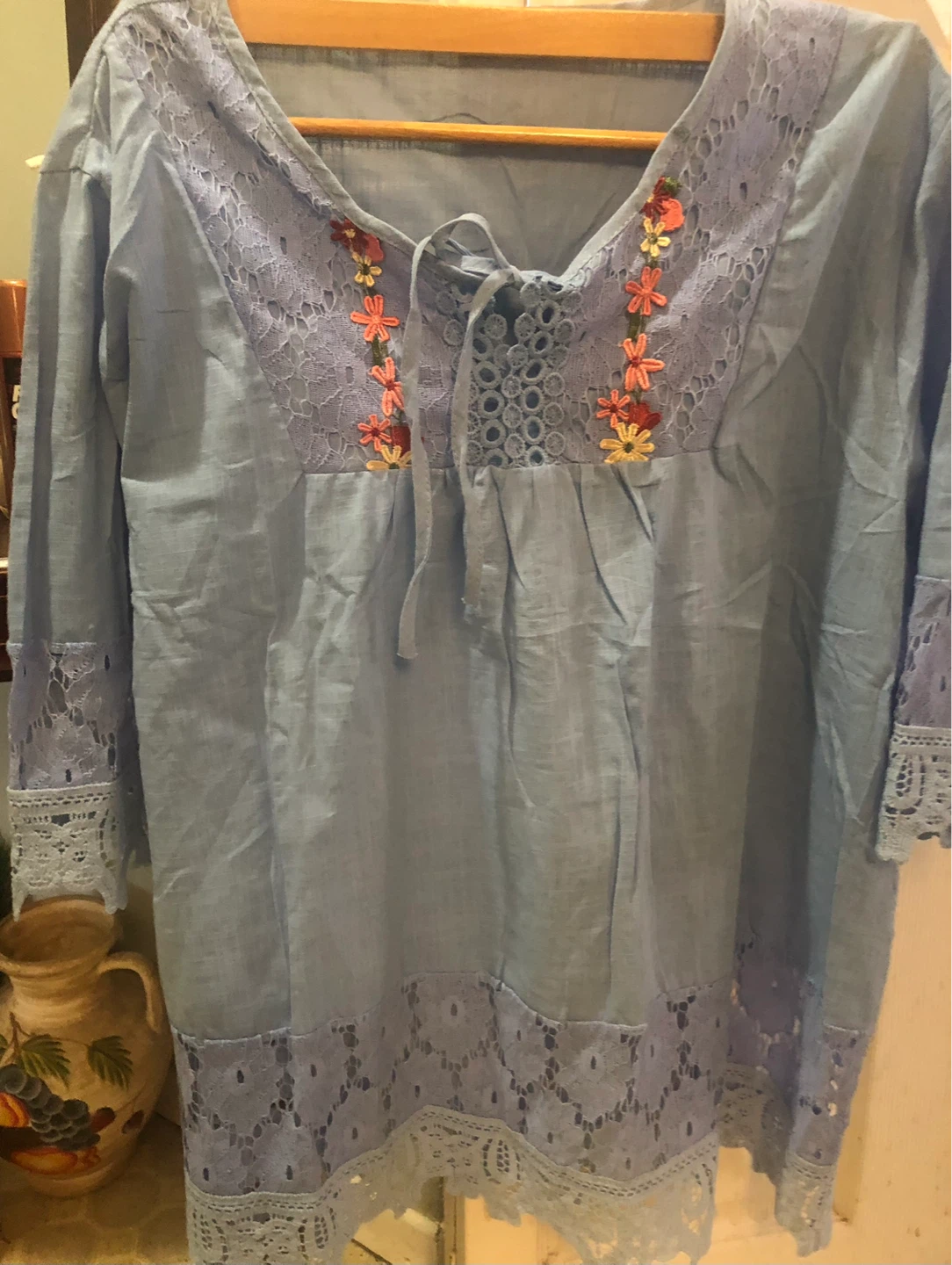 LG size Blue Embroidered Tunic Top with lace