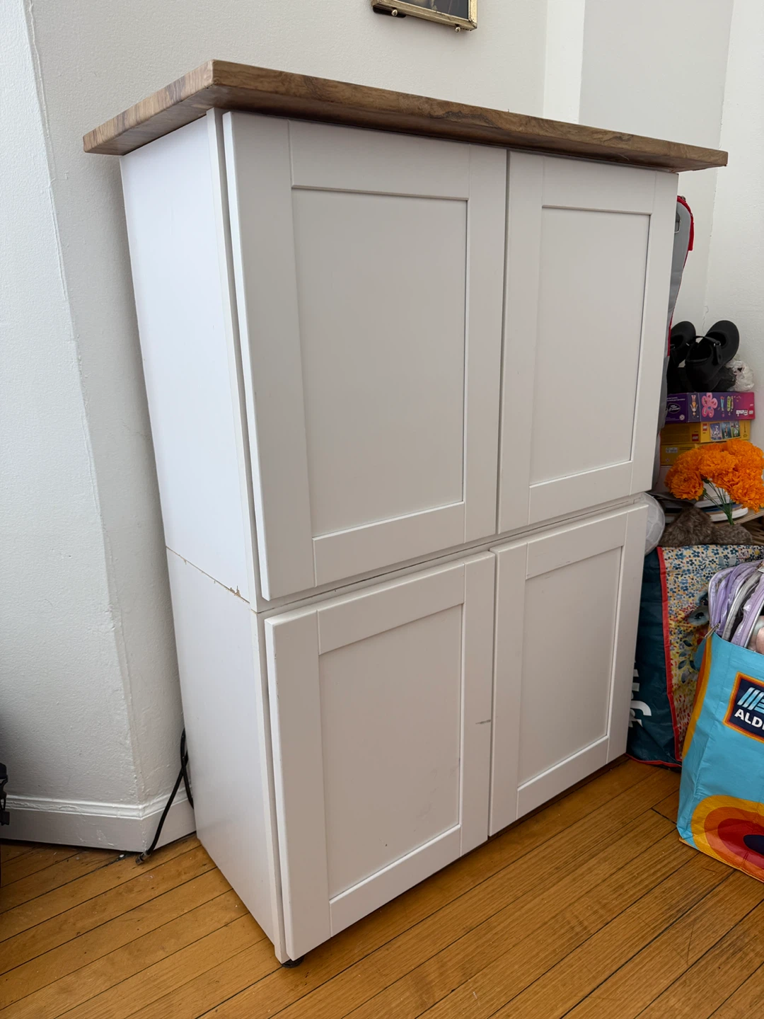 White Storage Cabinet with Wood Top