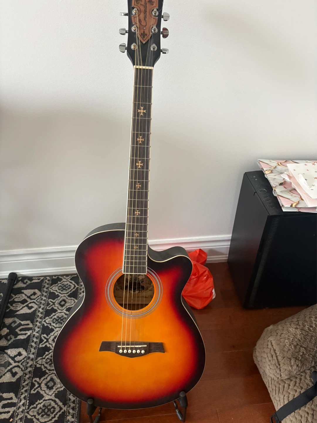 Full size wooden guitar with stand and carry on bag