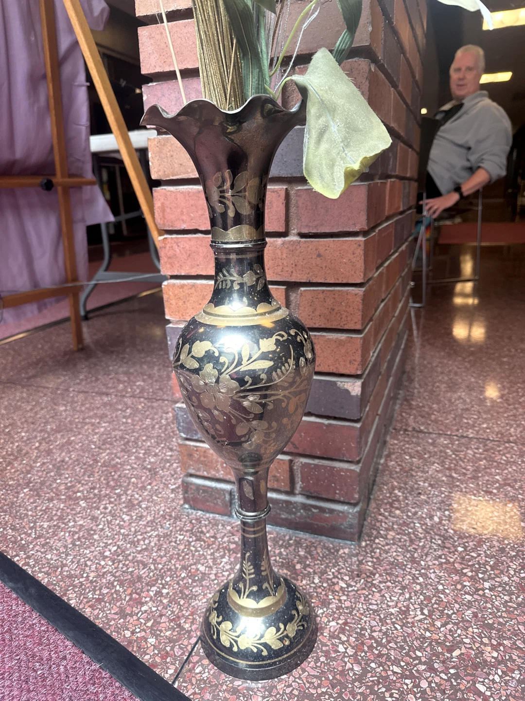Decorative Metal Vase with Floral Etching