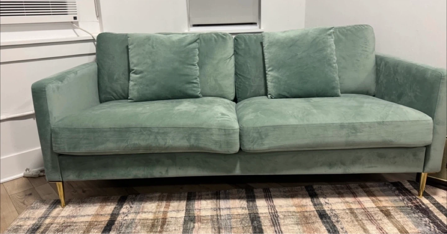Sage Green Velvet Sofa with Gold Legs