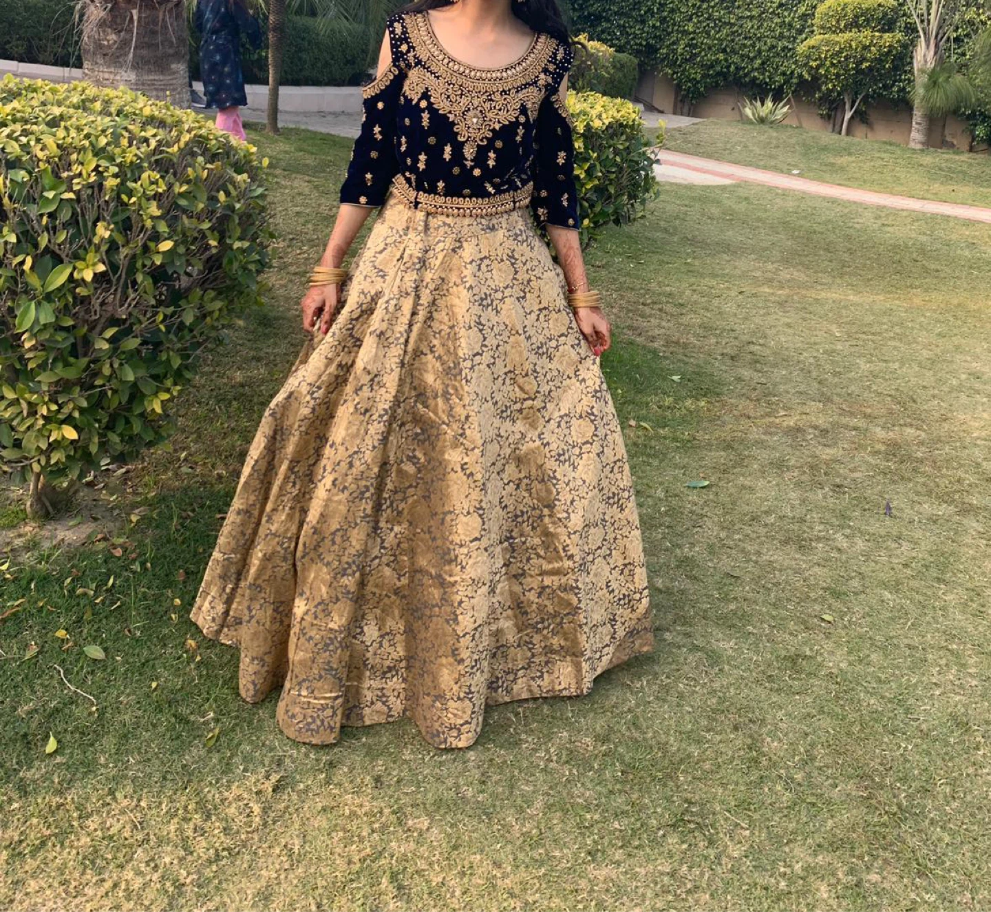 Embellished Blue Velvet Crop Top & Gold Brocade Skirt
