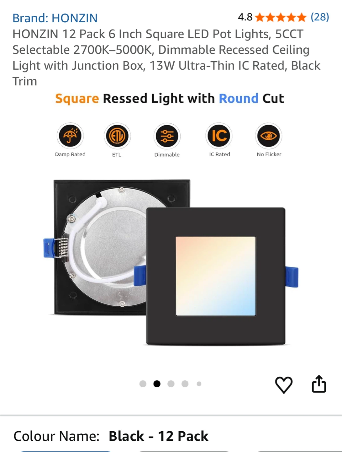 HONZIN 12 Pack 6 Inch Square LED Pot Lights, Black - photo 2