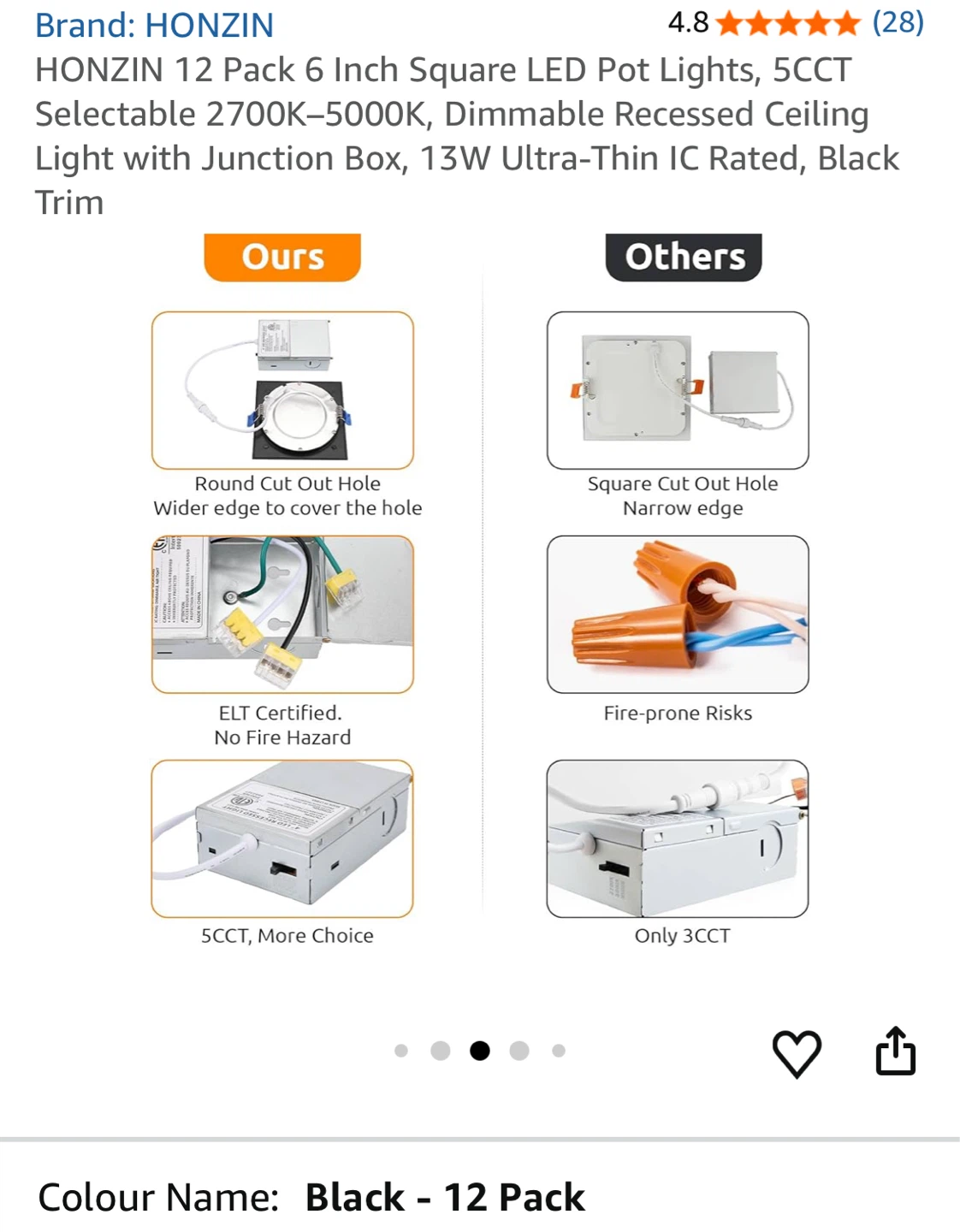 HONZIN 12 Pack 6 Inch Square LED Pot Lights, Black - photo 5