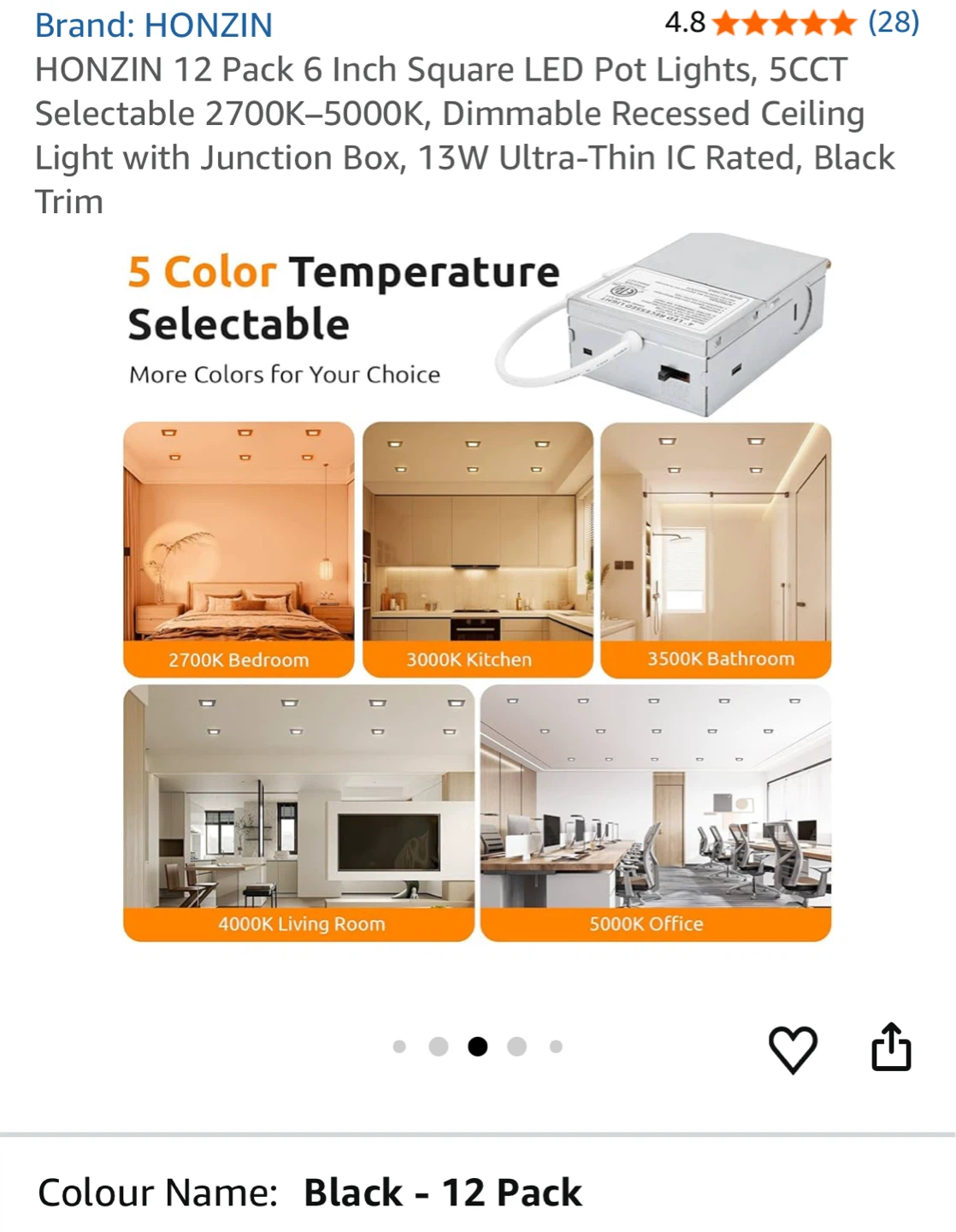 HONZIN 12 Pack 6 Inch Square LED Pot Lights, Black - photo 3