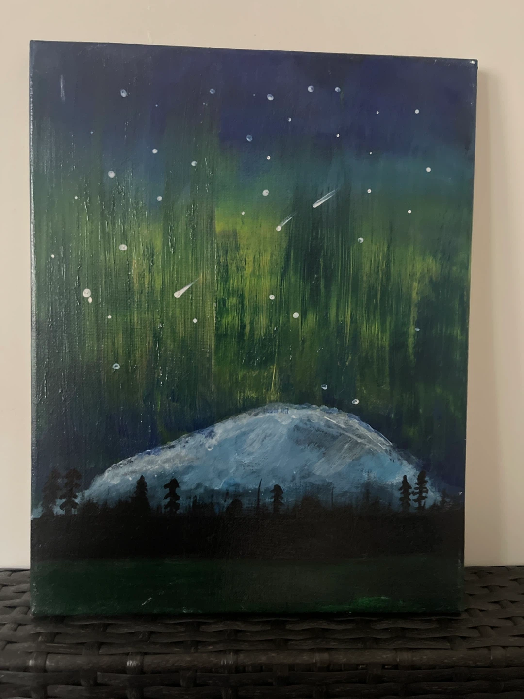 Acrylic Painting of Aurora Borealis Over Mountain