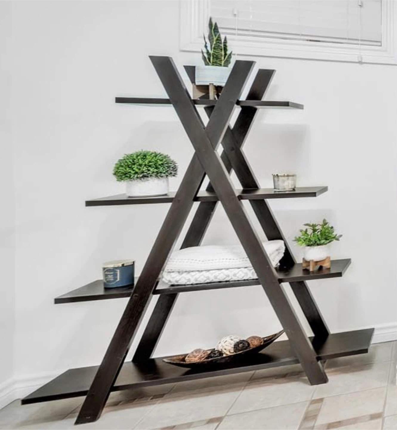 Dark Wood Tiered Bookshelf / Display Shelf