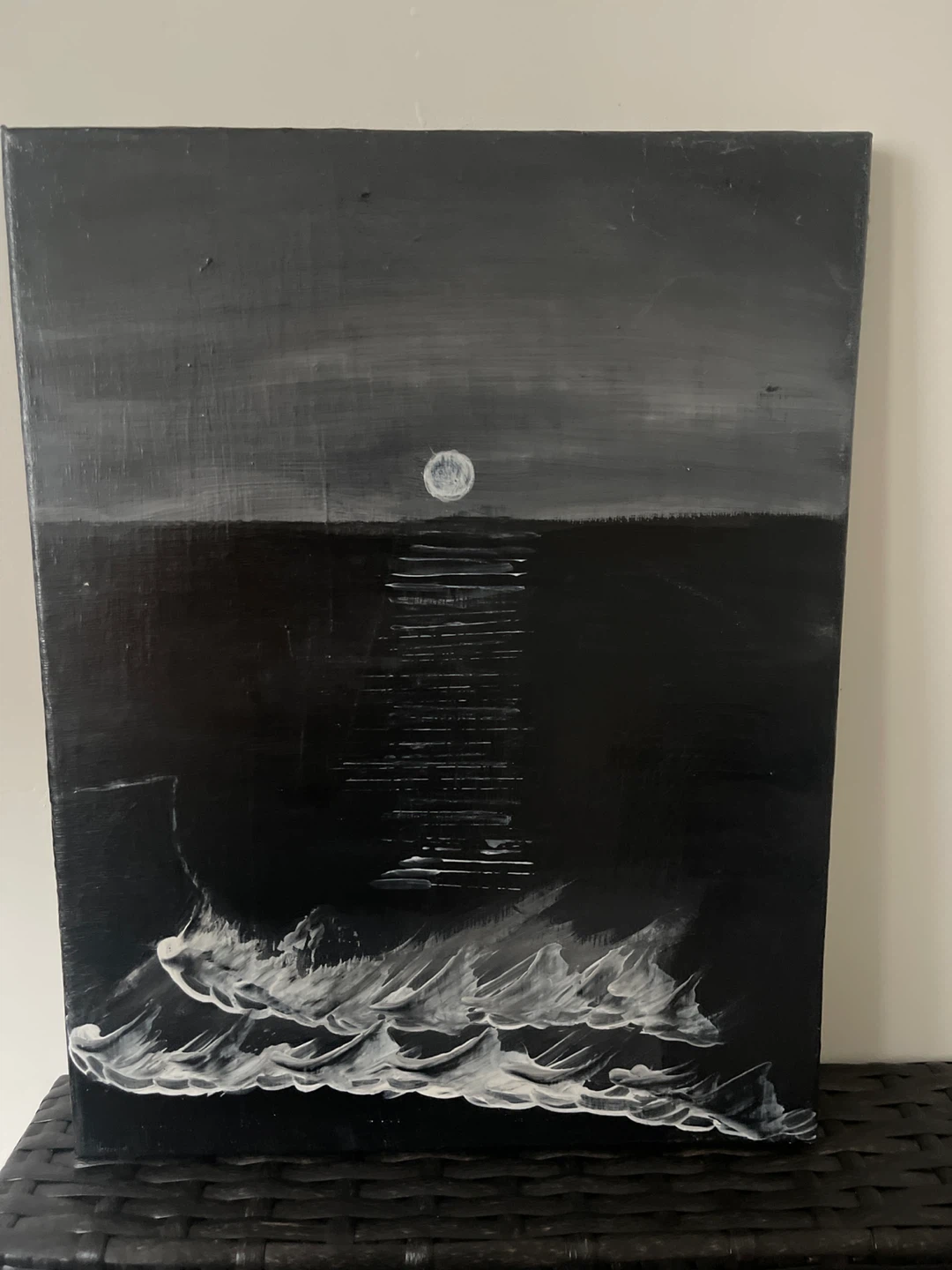 Original Black and White Moonlit Ocean Painting