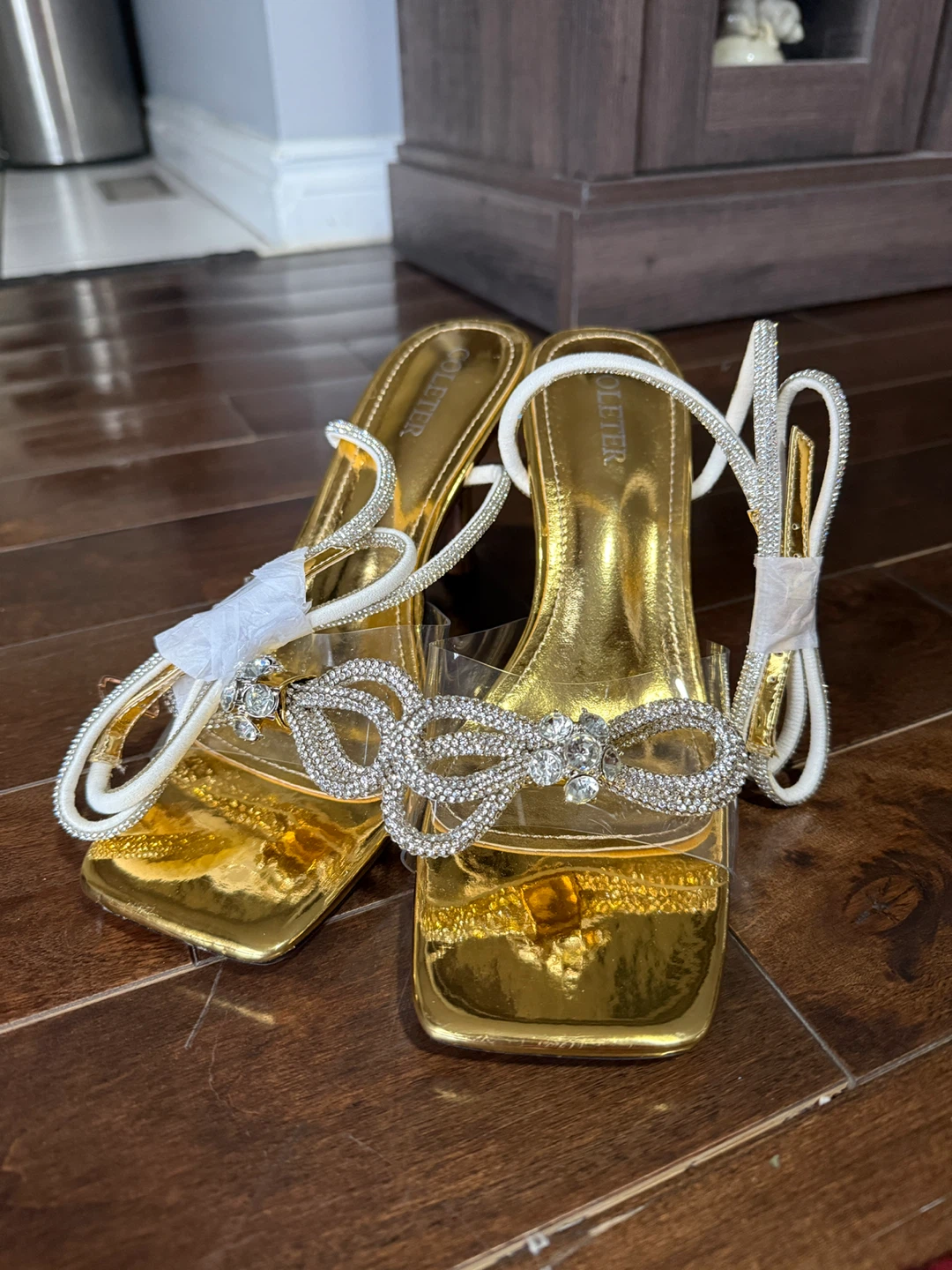 COLETER Gold Rhinestone Bow Heeled Sandals
