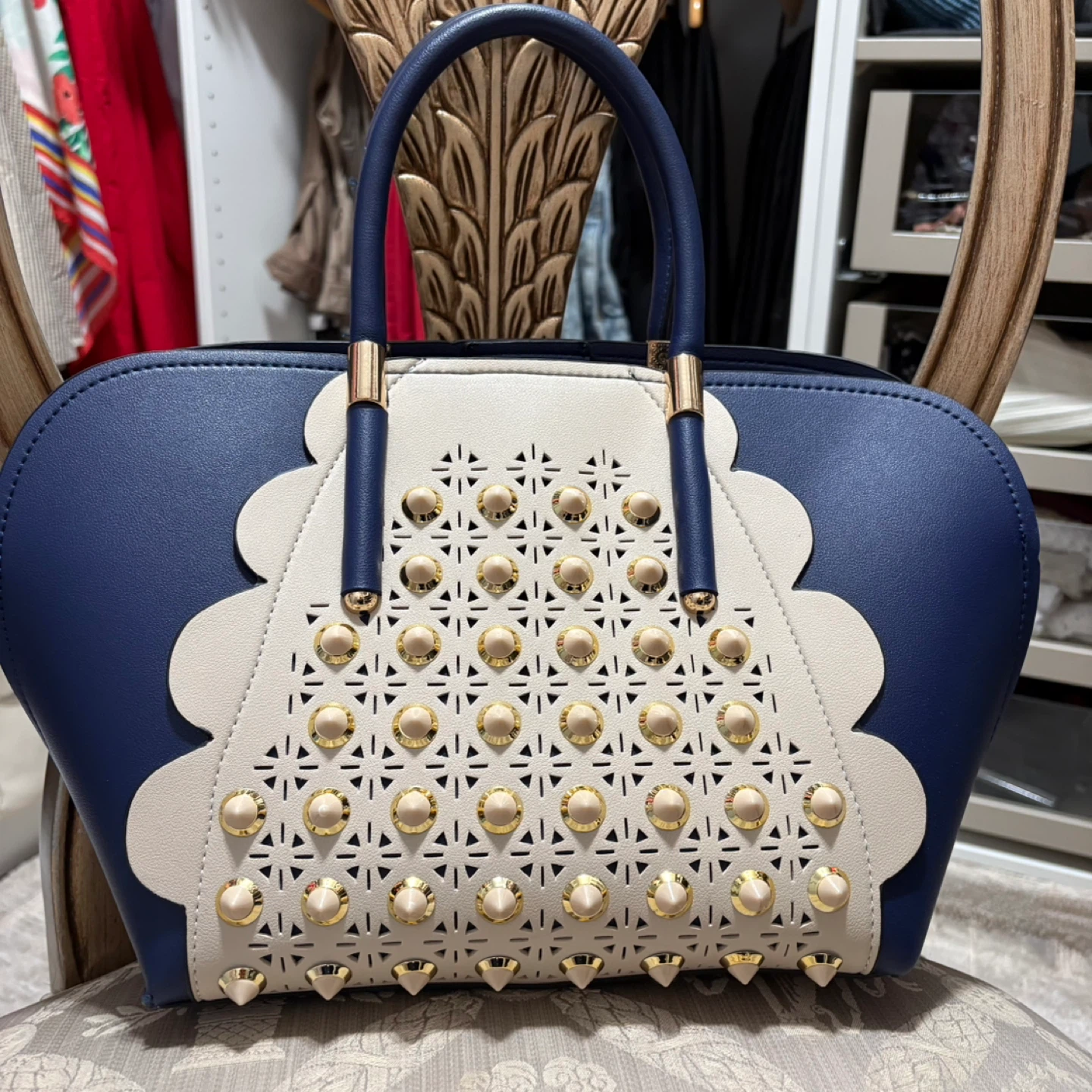 Blue and White Studded Tote Handbag - photo 2