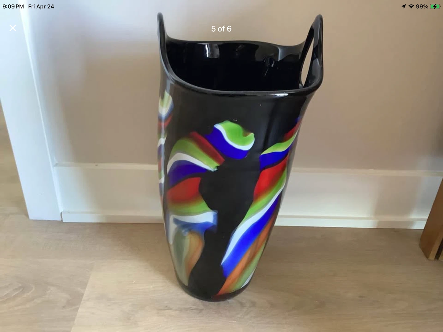 Lg Vt Hand Blown Murano Style Art Glass 2 Handled Vase 🐞 - photo 5