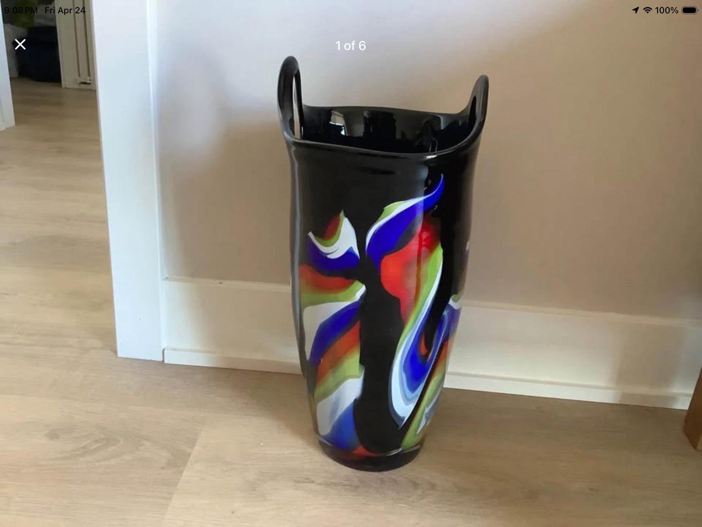 Lg Vt Hand Blown Murano Style Art Glass 2 Handled Vase 🐞