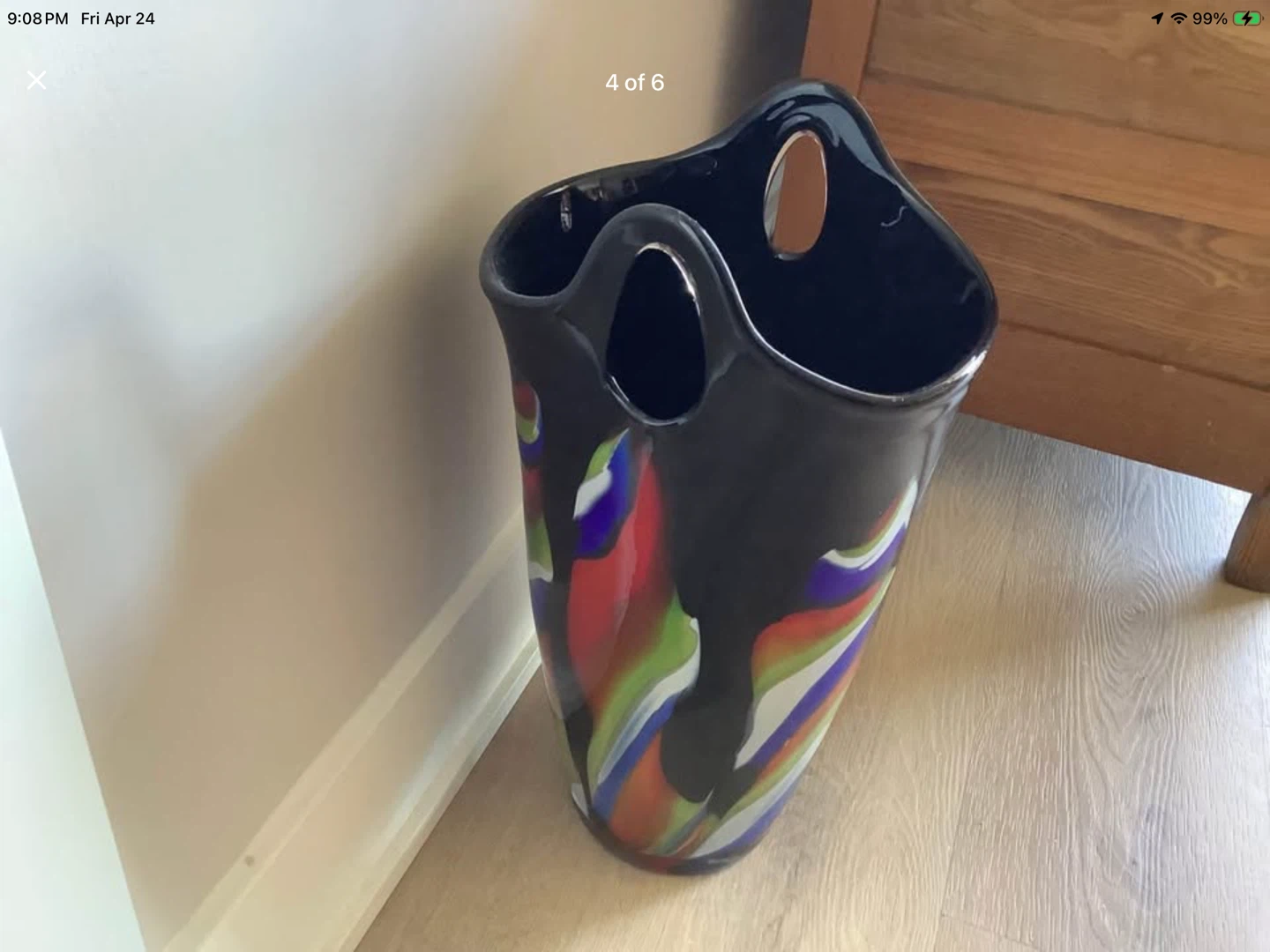 Lg Vt Hand Blown Murano Style Art Glass 2 Handled Vase 🐞 - photo 4