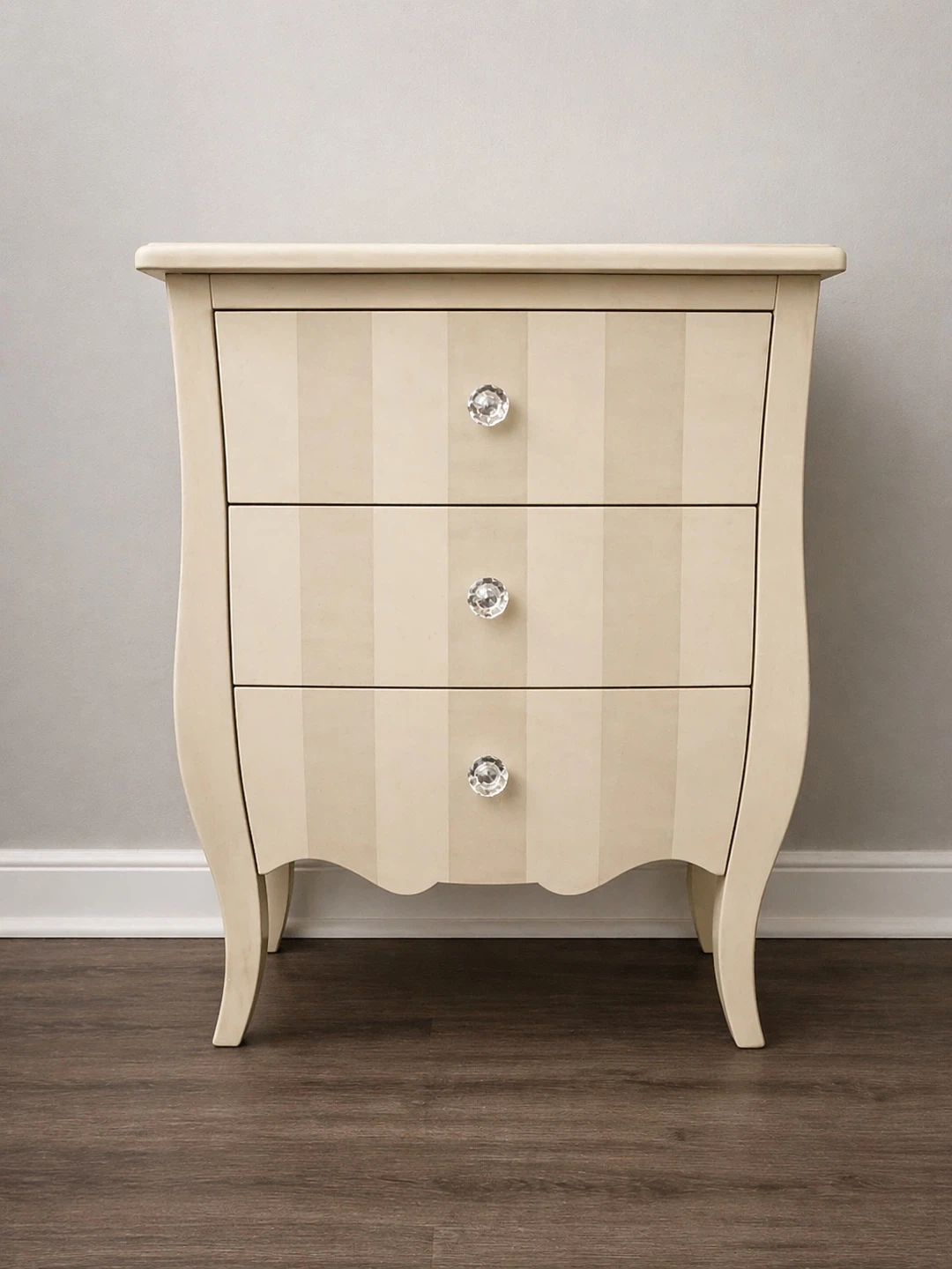 Cream Striped Three-Drawer Nightstand with Crystal Knobs