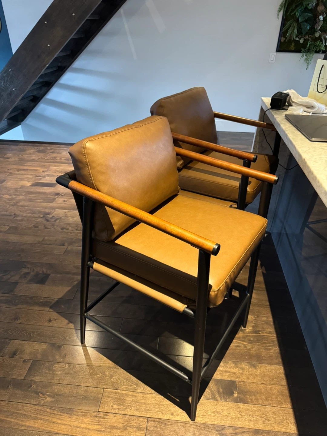 Two Brown Faux Leather Bar Stool Set- New