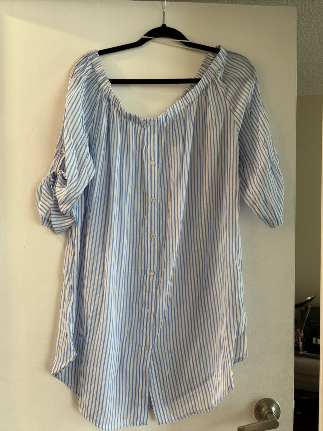 Blue Striped Off-the-Shoulder Blouse - photo 2