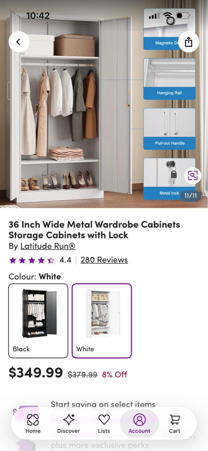 Wayfair 36" Wide Metal Wardrobe Cabinet with Lock - White - photo 3