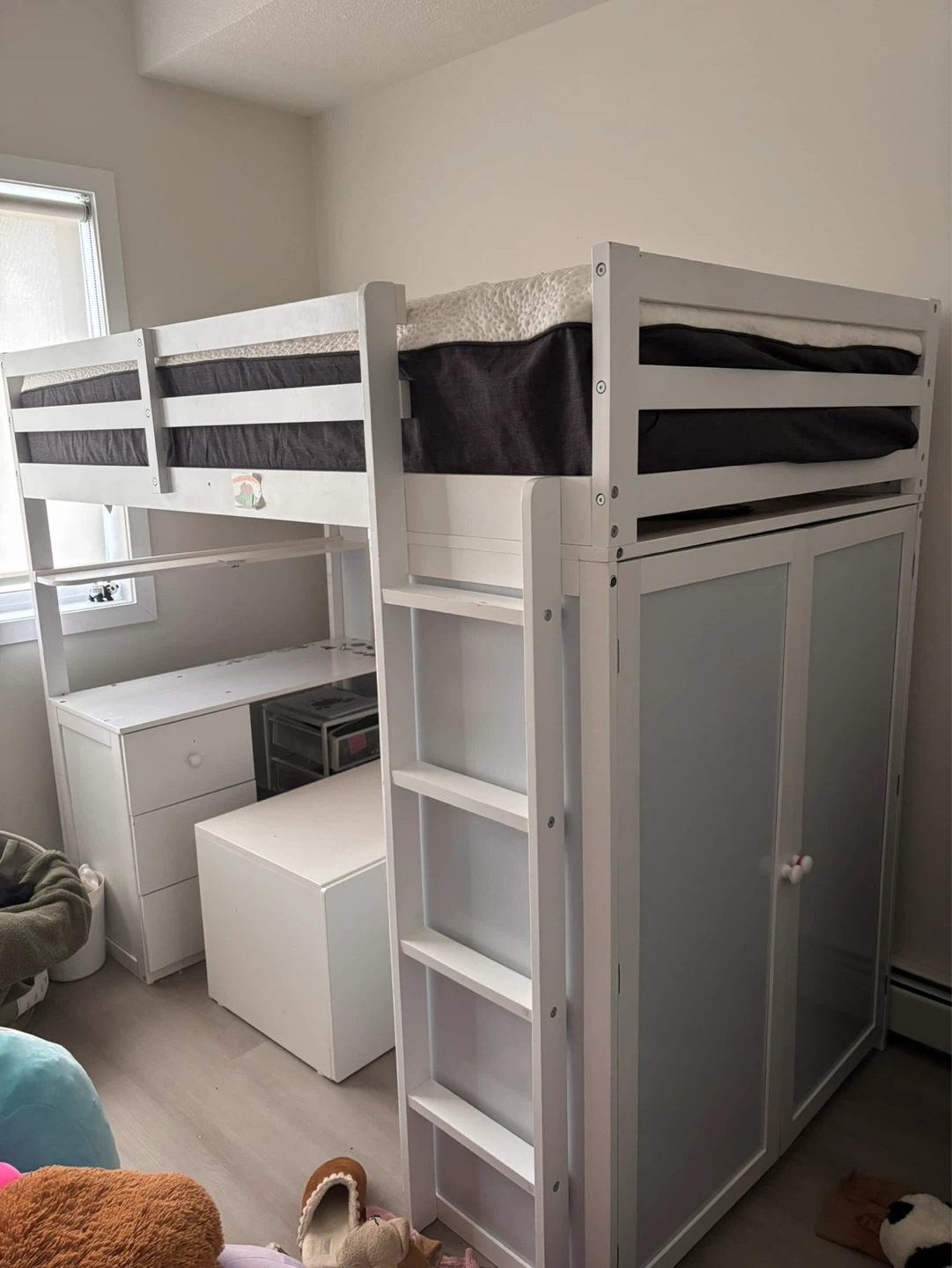 White Loft Bed with Desk and Wardrobe