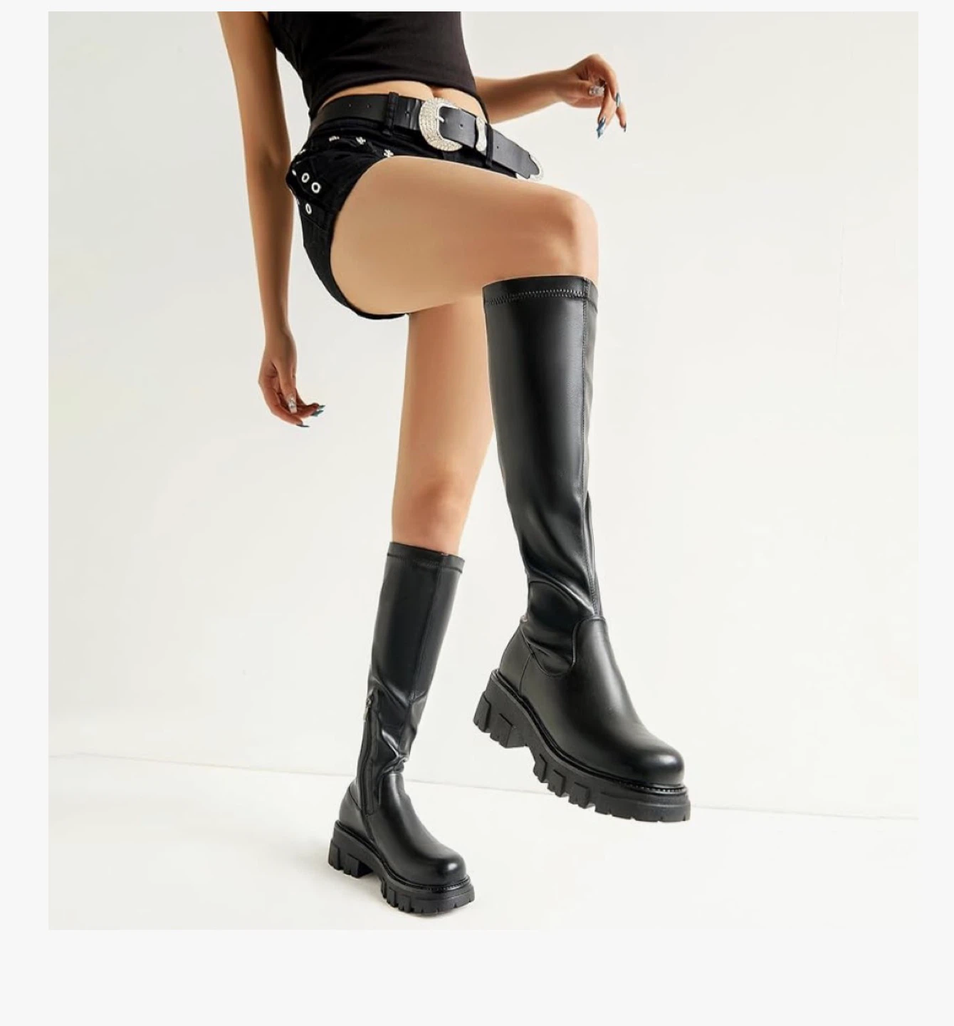 Black Faux Leather Knee-High Chunky Boots - photo 2