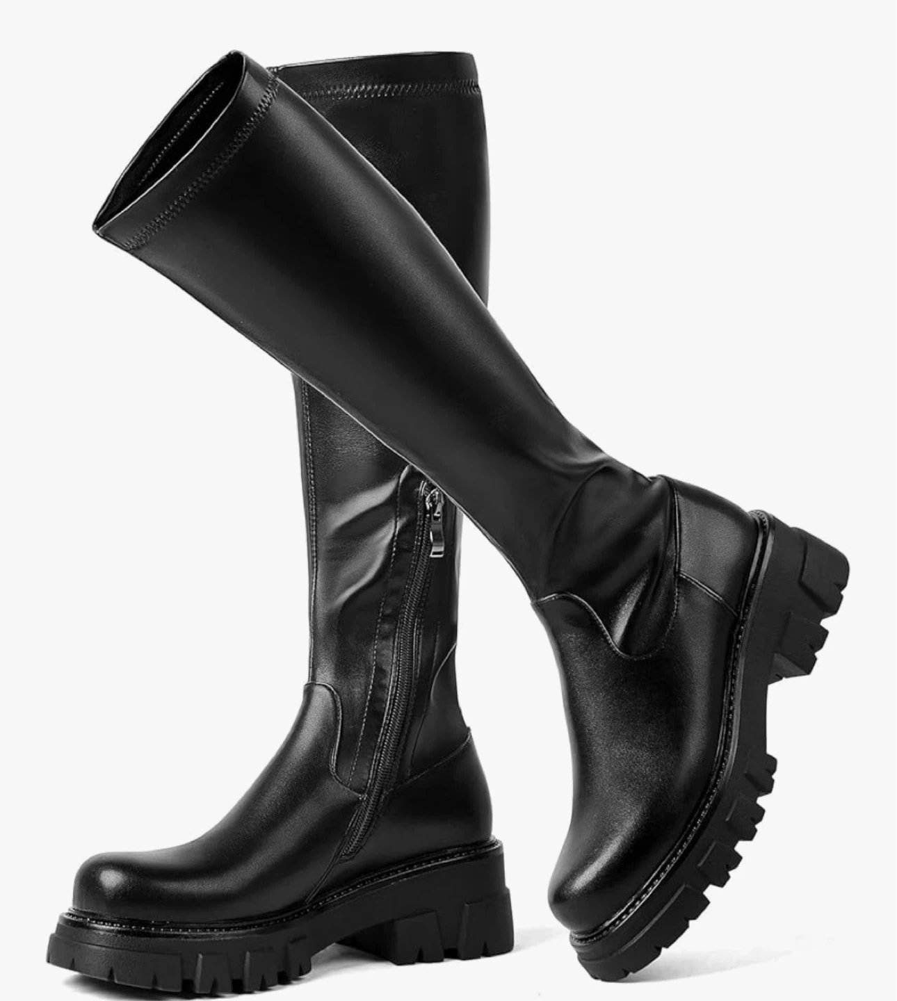 Black Faux Leather Knee-High Chunky Boots