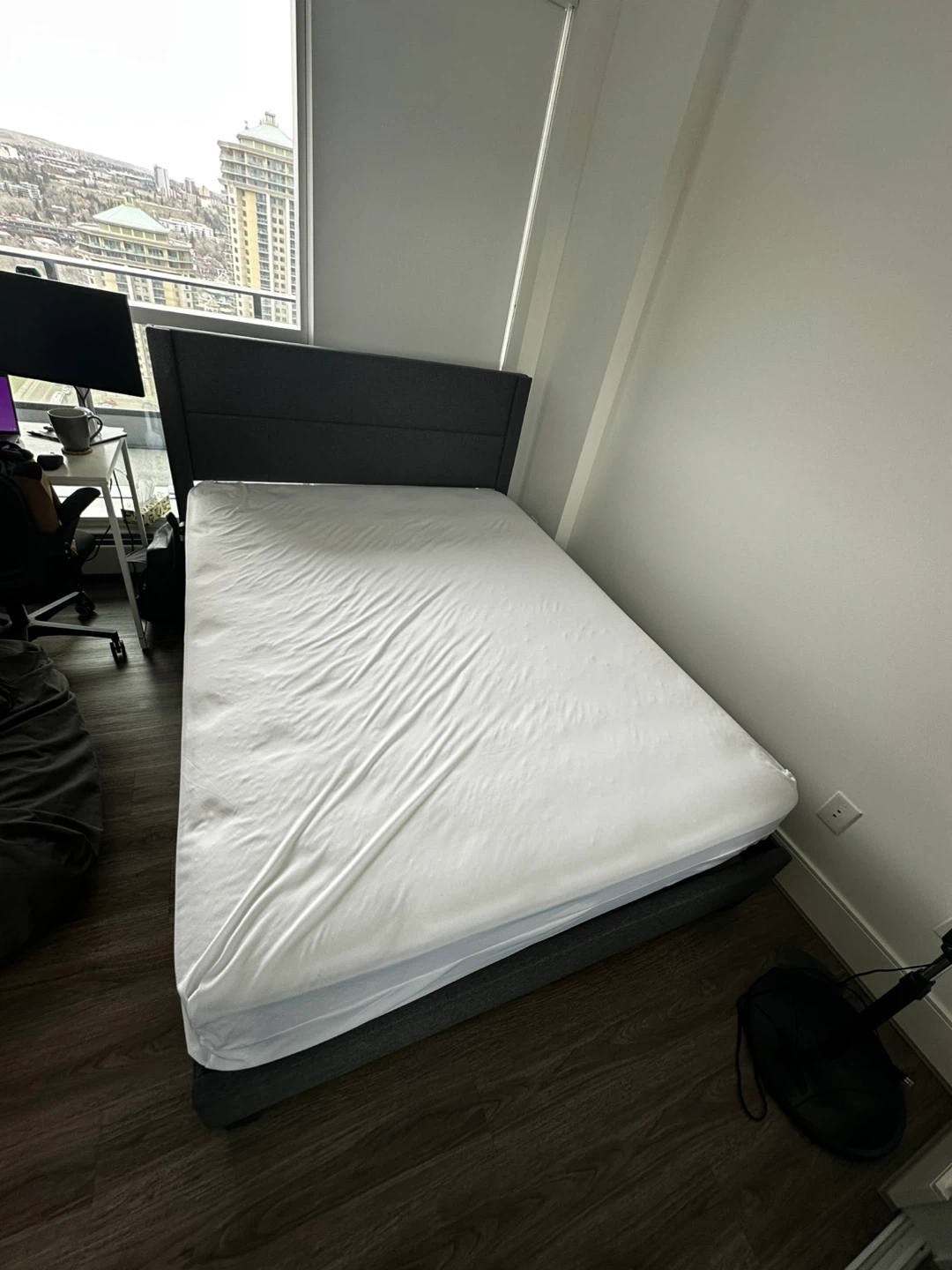 Grey Queen Upholstered Bed Frame and mattress