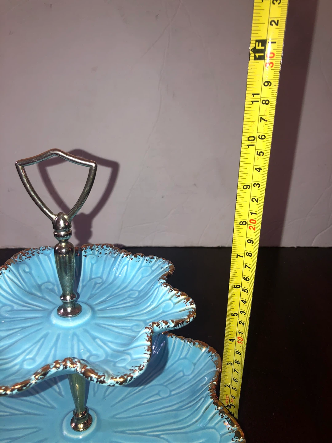 Vintage Teal & Gold Two Tiered Serving Platter. Like New. - photo 2