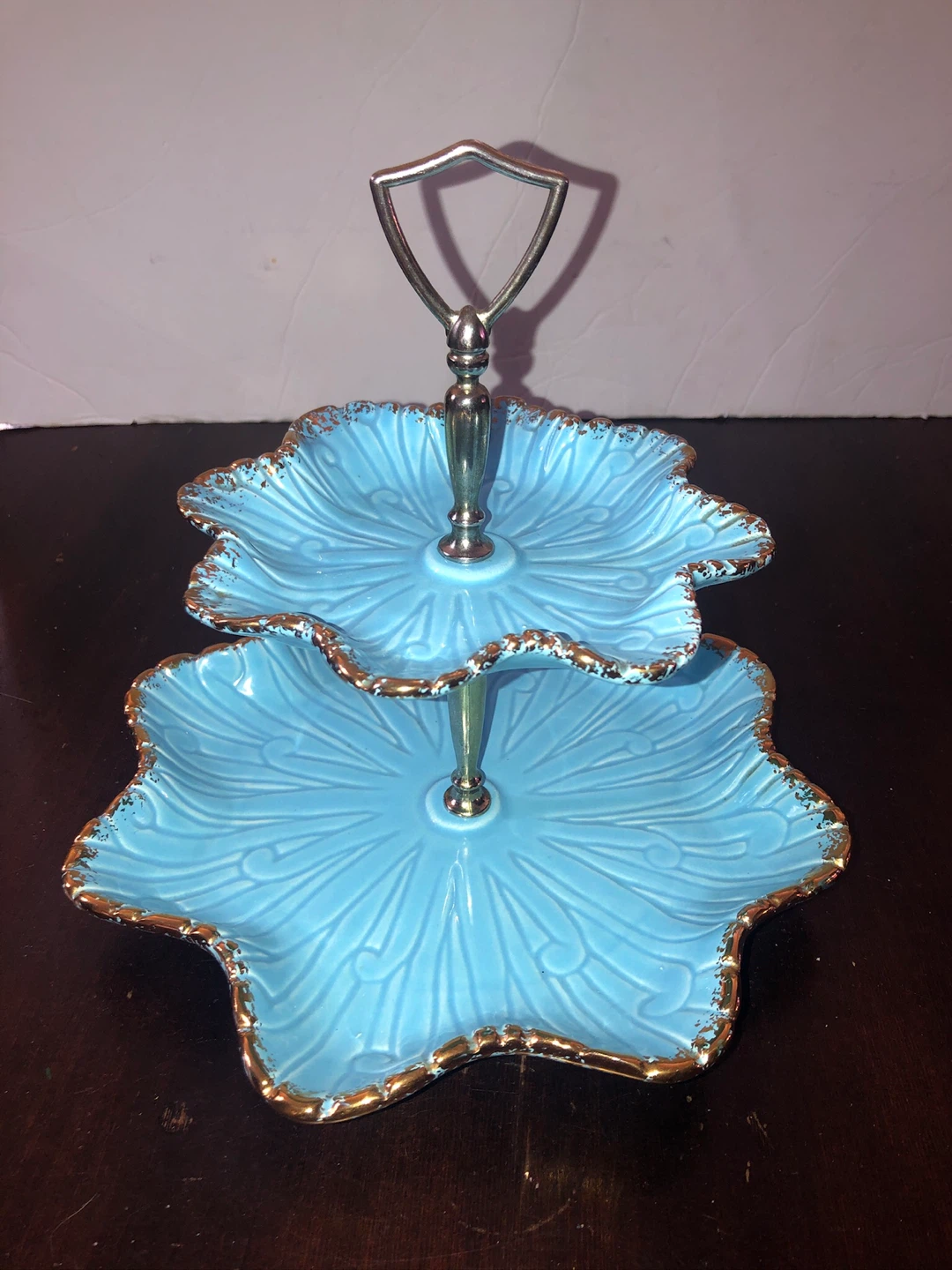 Vintage Teal & Gold Two Tiered Serving Platter. Like New.